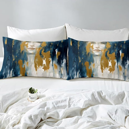 Erosebridal Aesthetic Ombre Comforter Full Abstract Girl Bedding Set, Navy Blue Yellow White Down Comforter Mid Century Oil Painting Bed Set, Watercolor Gradient Quilted Duvet Luxury
