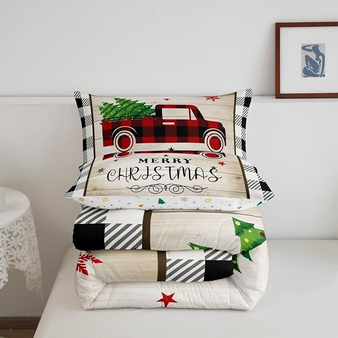 Xmas Truck Comforter Set Queen Size,Black White Geometric Grid Bedding 3pcs for Kids Teens Adults Room Decor,Brown Rustic Farmhouse Quilt Happy New Year Duvet Insert,2 Pillowcases