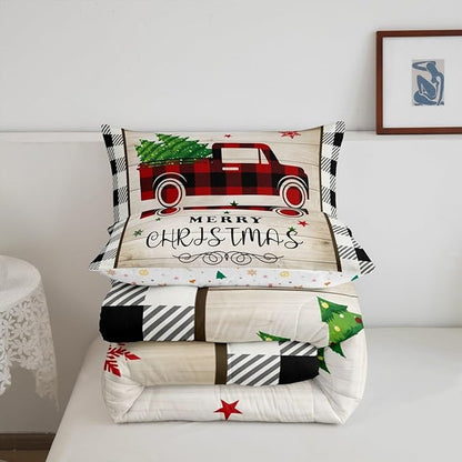 Xmas Truck Comforter Set Queen Size,Black White Geometric Grid Bedding 3pcs for Kids Teens Adults Room Decor,Brown Rustic Farmhouse Quilt Happy New Year Duvet Insert,2 Pillowcases