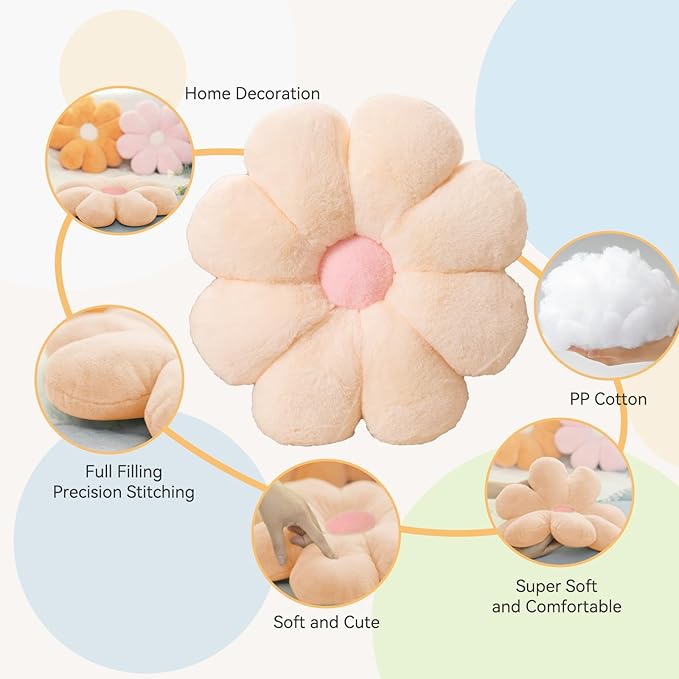 FIONOUT 17.7In Flower Pillow Decorative Pillows Soft Daisy Pillow Flower Shaped Pillow Floor Seating Custion for Reading, Couch and Room Dector (45CM/Beige)