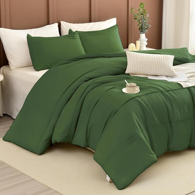 Masaca Olive Green Oversized King Comforter 120"x120",Pinch Pleat Dark Green Farmhouse Boho Bedding Set,3 Pieces Soft Lightweight Fluffy California King Comforter Set for All Season