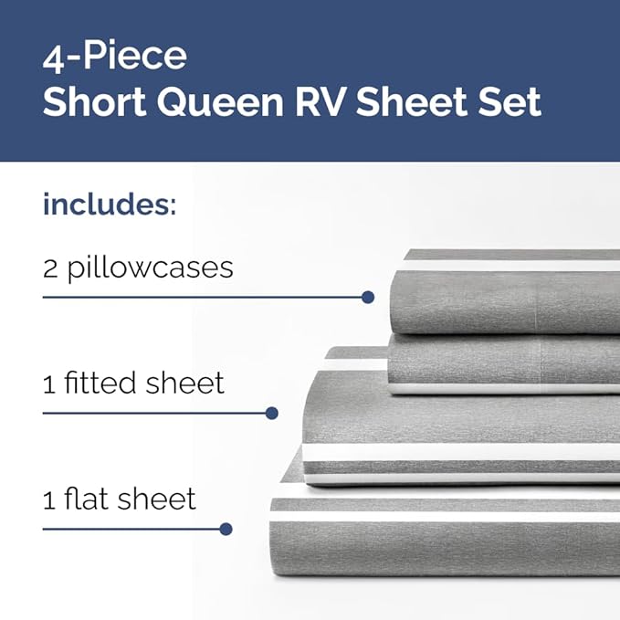 Short Queen RV Size 4 Piece Sheet Set - Comfy Breathable & Cooling Bed Sheets Set - Hotel Luxury Bedding for Women, Men, Kids, Teens, Boys & Girls - Deep Pockets, Ultra-Soft, Oeko-Tex - Grey Stripes