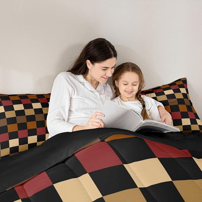 Checkered Retro Kids Comforter Set Full Size Brown Red Black Plaid Bedding Set Geometric Vintage Duvet Quilt for Kids Boys Girls Bedroom Modern Simple Groovy Aesthetic Decor