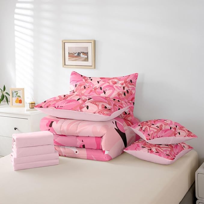 Erosebridal Flamingo Animal Girls Women Comforter Set Queen Size 7 Pieces | Kawaii Cute Bed in A Bag Romantic Bed Set Black Pink Bedding
