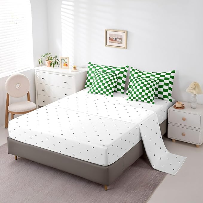 Feelyou Checkered Retro 7 Piece Bedding Set Teen Women Men Green White Plaid Comforter Set with Sheets Full Size Kids Boys Geometric Vintage Bed in a Bag Modern Simple Groovy Aesthetic Room Decor