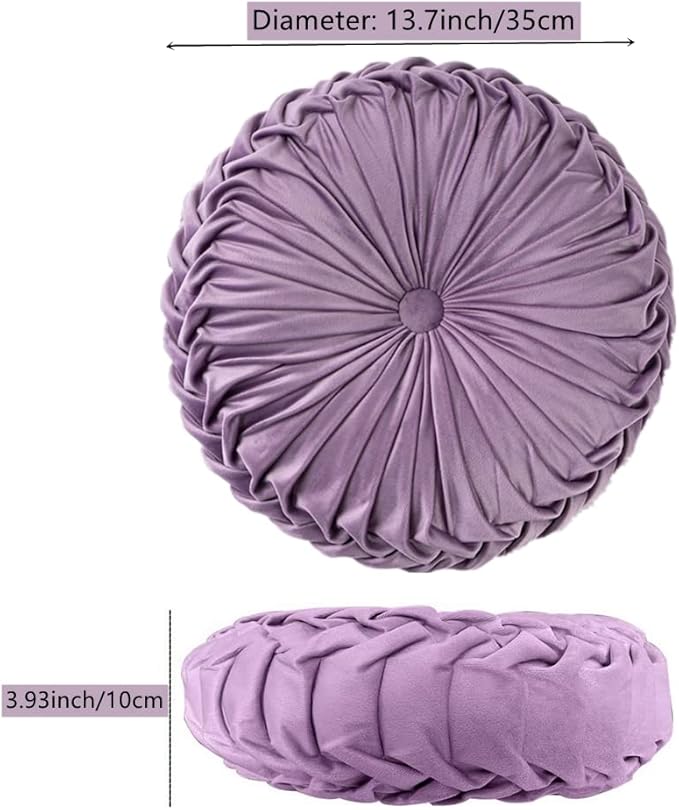 NatureMan 13.7 inch Round Sofa Cushion Pure Color Velvet Home Decor, Pleated Round Cushion, Pumpkin Pillow Suitable for Home Bed car Decoration (Light Purple)