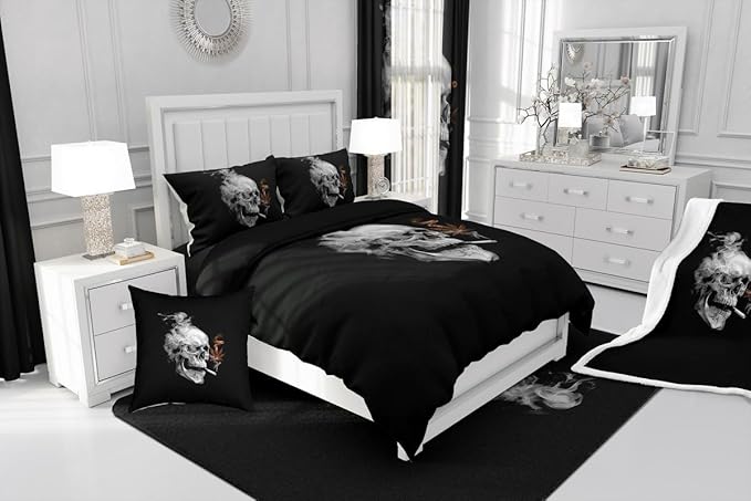 Erosebridal Gothic Skull Comforter Set Toddler,Orange Leaves Bedding for Women Men Adults,Tropical Botanical Plant Bedding Comforter Sets,Smoky Skeleton Down Comforter