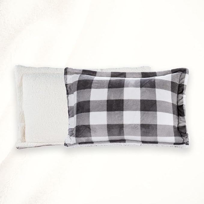 Elegant Comfort 3-Piece Buffalo Lodge-Plaid Comforter Set, Luxurious, Heavyweight, All Season, Down Alternative-Micromink Sherpa-Backing Reversible Micro-Suede, Soft and Plush, Queen, Gray/White