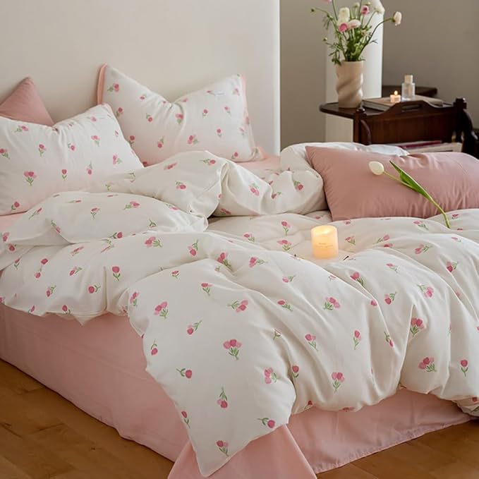 Nayoroom Pink Floral Comforter Set Twin Size Coquette Tulip Printed on White Comforter 2 Pcs Kids Girls Soft Lightweight Cute Bedding Set for All Seasons (1 Comforter, 2 Pillow Shams)