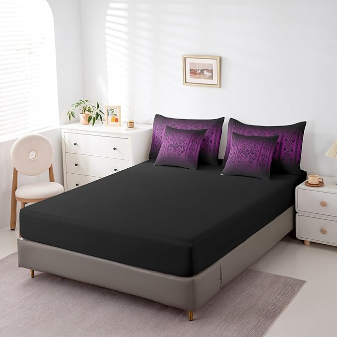 Comforter Set King Size, Dark Purple Damask Aztec 7 Pcs Bedding for Kids and Adults, Antique Decor Western Baroque Gothic Bed Sheet Sets with Fitted Sheet 2 Pillowcases & 2 Shams for Bedroom Bed Decor