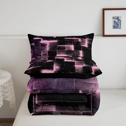 Black Pink Abstract Comforter Queen Gradient Square Queen Bedding Set, Grid Down Comforter Neon Checkered Bed Set, Glowing Plaid Quilted Duvet 3D Modern Bedroom Decor 3pcs (Black Reversible)