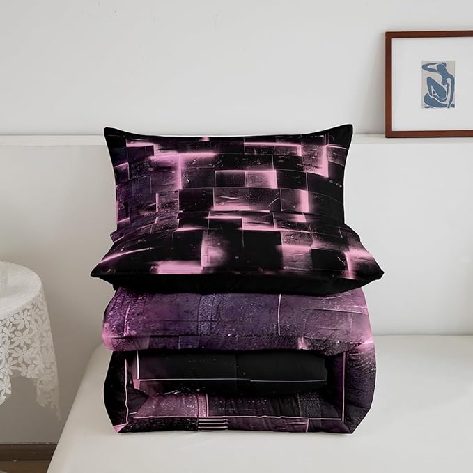 Erosebridal Black and Pink Comforter Set Twin Modern Abstract Twin Bedding, 3D Glowing Plaid Bedding Comforter Sets Gradient Grid Duvet, Neon Square Quilted Comforter 2pcs (Black Reversible)