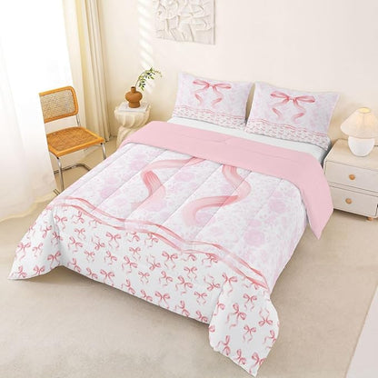 Feelyou Pink Bow Comforter Set All Season Floral Flower Bedding Set with 2 Pillow Cases Cute Bowknot Microfiber Kids Full Bedclothes Romantic Bedroom Decor Duvet Quilt Breathable Soft Lightweight