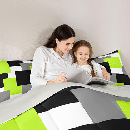Castle Fairy Geometric Grid Square Splicing Comforter/Duvet Set King Size,Green Grey Black Ultra Soft Bed Collection,Modern Abstract Bedding for Room Decor 3 Pcs,Microfiber Breathable