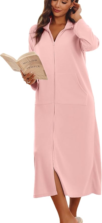 Ekouaer Women Zipper Robe Long Sleeves House Coat Soft Bathrobe Sleepwear with Pockets Housecoat Loungewear