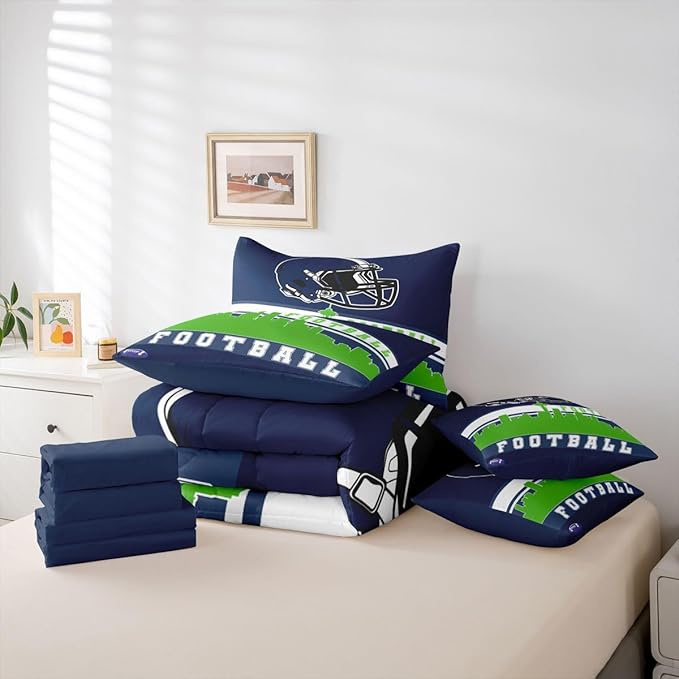 Erosebridal Football City 7 Pcs Comforter Set Queen Football Bedding Men Green Blue Rugby Game Sheet Set Bed in A Bag Football Fans Bedroom Decor Sports Ball Competition Quilt