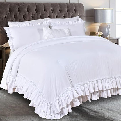 Masaca White Ruffle Comforter Full Size,Farmhouse Shabby Boho Chic Bedding Sets Full,3PCS Vintage Rustic Soft Microfiber Ruffled Bedding Comforter Set