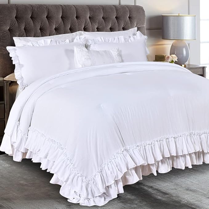 Masaca White Ruffled Comforter Set Queen,Lightweight Farmhouse Shabby Boho Chic White Bedding,Ultra Soft Fluffy Washed Microfiber Bed Comforter Set 3-Piece (1 White Comforter+2 Ruffle Pillow Shams)