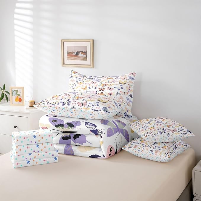 Feelyou Pretty Butterfly 7 Piece Bedding Set Colorful Butterfly Comforter Set with Sheets for Kids Boys Girls Artwork Butterflies Bed in a Bag Animal Theme Bed Set Soft Lightweight