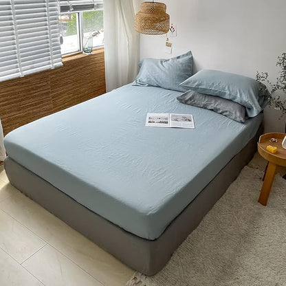 Simple&Opulence Washed Linen Bed Sheet Set Basic Style 4 Pieces (1 Flat Sheet & 1 Fitted Sheet & 2 Pillowcases) 100% Natural French Flax Soft Breathable Farmhouse Bedding (Queen, Duaty Blue)