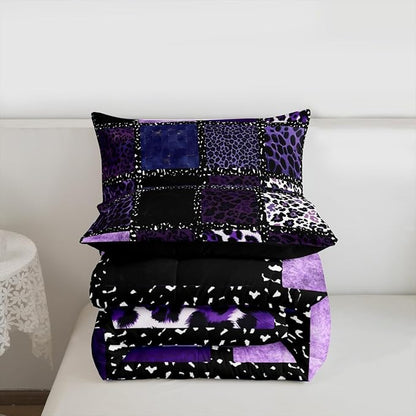 Erosebridal Purple Leopard Print Twin Comforter Set for Kids Boys Girls,Animal Skin Texture Bedding Set,Patchwork Geometric Duvet Insert,Farmhouse Bed Set for All Season