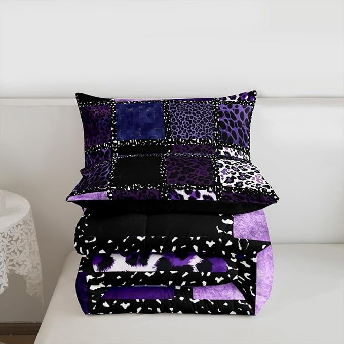Erosebridal Purple Leopard Print Comforter for Kids Boys Girls,Animal Skin Texture Toddler Bedding Set,Patchwork Geometric Duvet Insert,Farmhouse Quilt Bedroom Decor