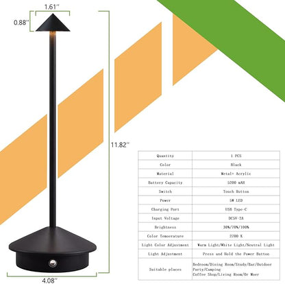 Cordless LED Table Lamp, Rechargeable 5200mAH Battery Operated Lamp for Decor, 3 Color Stepless Dimming Desk Lamps, for Restaurant, Bedroom, Outdoor Camping, Coffee Shop, Night Light