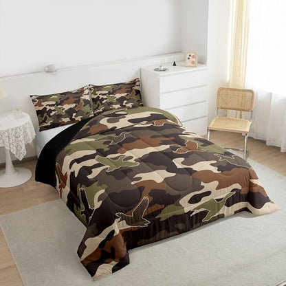Erosebridal 3D Duck Comforter Set Twin Size Camo Camouflage Bedding Set for Kids Boys Girls Green Dark Wildlife Comforter Flying Animals Hunting Quilt Bedroom Decor