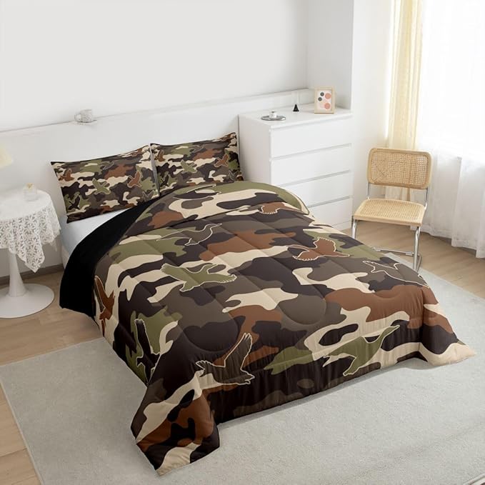 Erosebridal 3D Duck Comforter Set King Size Camo Camouflage Bedding Set for Adutls Men Women Green Dark Wildlife Comforter Flying Animals Hunting Quilt Bedroom Decor