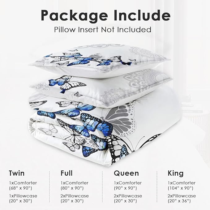 King Size Comforter Set with 2 Pillowcases, Summer Spring Blue Butterfly 3 Pcs Bedding for Kids and Adults, Abstract Circular Mandala Floral Soft Comforter Set for Bedroom Bed Decor