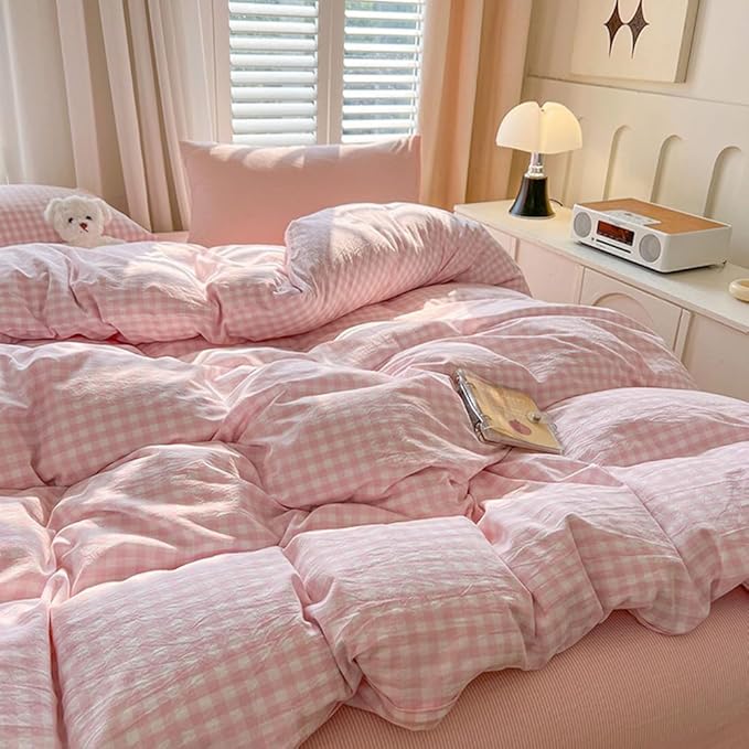 Nayoroom Pink Gingham Comforter Set Queen Size Plaid Checkered Comforter 3 Pcs Soft Lightweight Grid Farmhouse Dorm Bedding Set for All Seasons (1 Comforter, 2 Pillowcases)