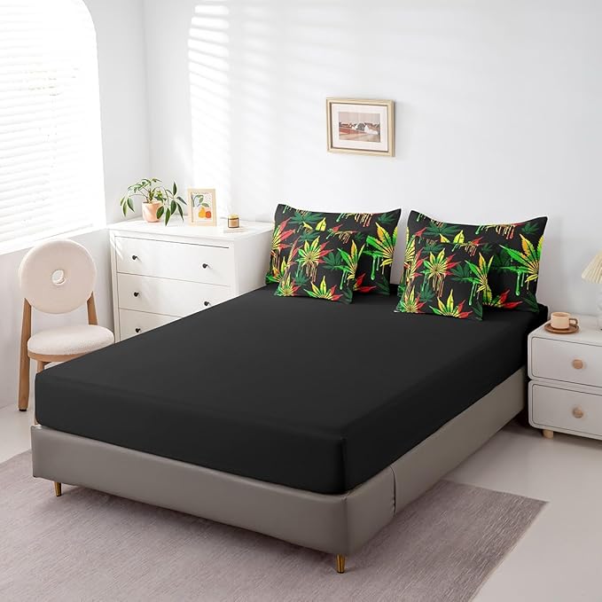Feelyou Marijuana Comforter Set King Size 7 Pcs Cannabis Leaf Comforter Bed in a Bag Green Leaves Bedding Set for Boys Girls Teens Trippy Bed Set with Sheets, Pillowcases, Pillow Covers