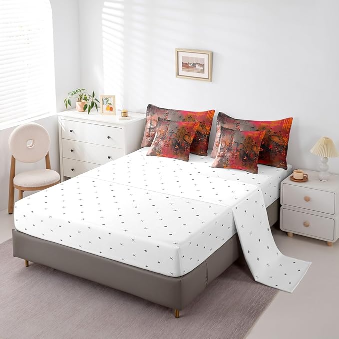 Erosebridal Paris Print Bedding Comforter Sets 7 Pieces Brown Red Bedding Set, Abstract Full Size Comforter Set (1 Comforter, 1 Fitted Sheet, 1 Flag Sheet, 2 Pillowcases, 2 Throw Pillow Covers)