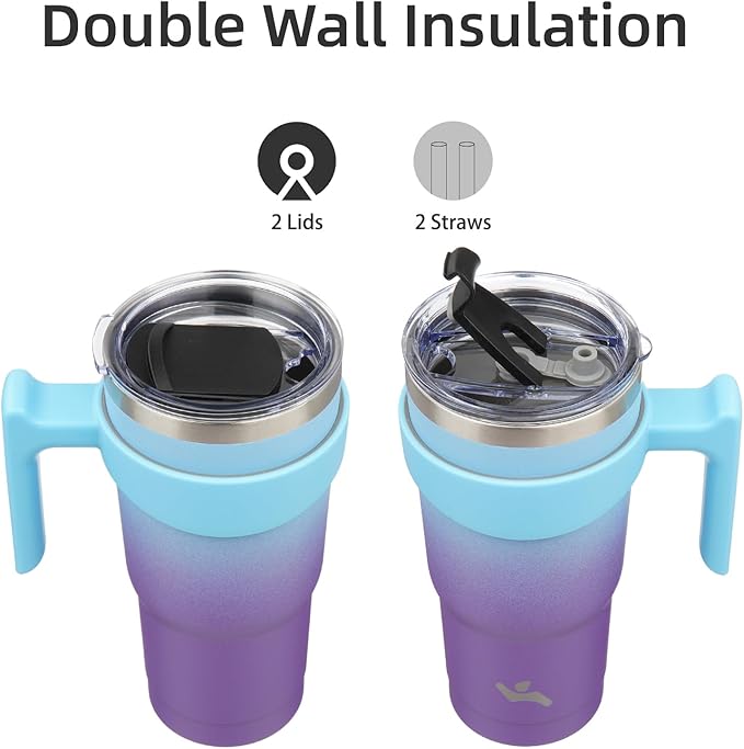 20 oz Tumbler with Handle and 2 Straw 2 Lid, Insulated Water Bottle Stainless Steel Vacuum Cup Reusable Travel Mug,Ocean Dream
