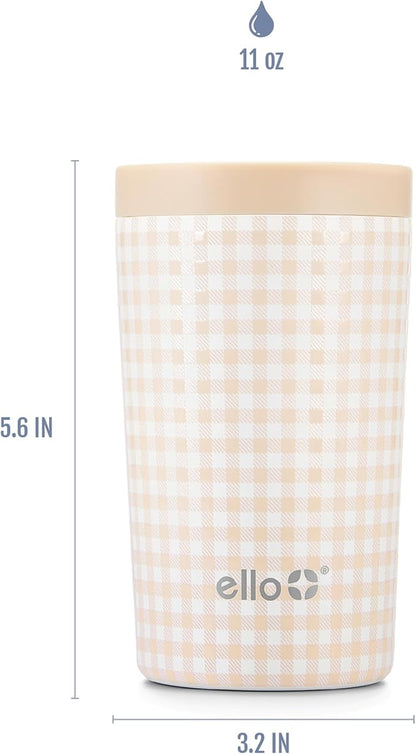 Ello Jones 11oz Insulated Stainless Steel Travel Mug with Leak-Proof Slider Lid, Single Serve Small Coffee Tumbler, Keeps Drinks Hot 3 Hours Cold 8 Hours, BPA-Free, Beige Gingham