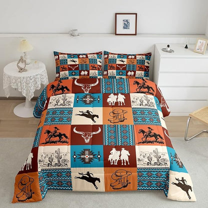 Southwestern Comforter Set Twin Size,Cowboy Cow Skull Cactus Print Bedding Sets,Aztec Striped Geometric Grid Quilt Set,Kids Girls Boys Adult Room Decor,Vintage Orange Brown Duvet Insert 2Pcs