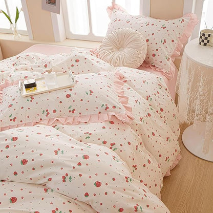 MKXI Strawberry Print Comforter Set - Pink and White Ruffled Bedding with Floral Accents, Soft Microfiber, 3-Piece Twin XL Size, Lightweight and Cozy for Kids, Teens, and Adults