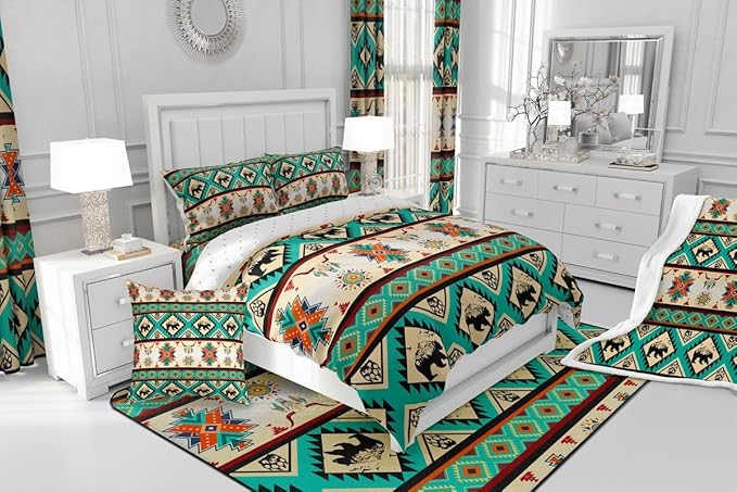 Erosebridal Black Bear Bedding Sets Exotic Bull Skull Western Comforter Set Queen,Ethnic Tribe Arrow Aztec Quilt Indian Tribal Geometric Diamond Triangle Duvet Insert,Bohemian Western Decor,Green