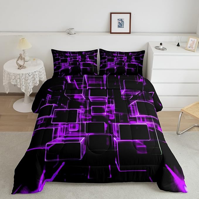 Erosebridal Fluorescent Purple and Black Kids Comforter Set, Modern Geometric Square Bedding Sets Colorful Gradient Neon Light Honeycomb Duvet Insert Twin 2 Pieces
