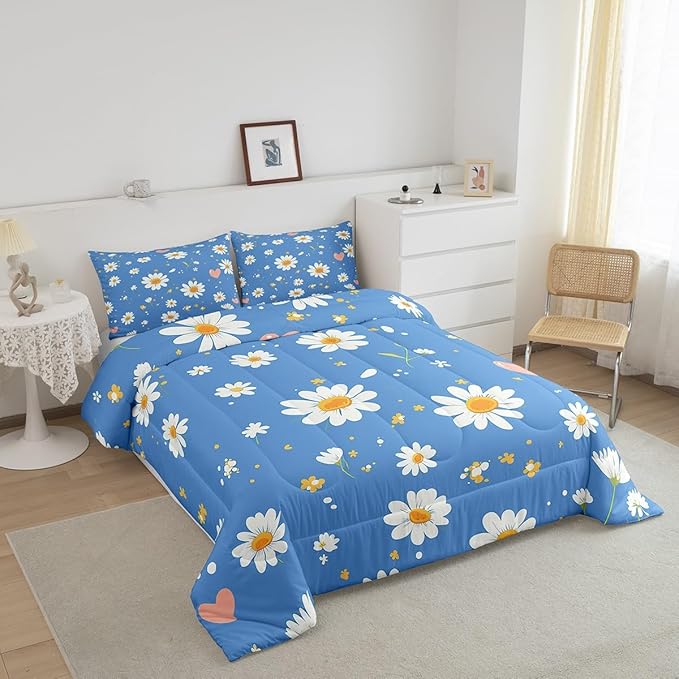 Manfei Cute Daisy Comforter Set King Size, White Flower Floral Bedding Set 3pcs for Kids Boys Girls Bedroom Decor, Botanical Garden Artwork Quilt Set Polyester Duvet Set with 2 Pillowcases