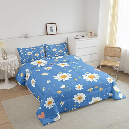Manfei Cute Daisy Comforter Set King Size, White Flower Floral Bedding Set 3pcs for Kids Boys Girls Bedroom Decor, Botanical Garden Artwork Quilt Set Polyester Duvet Set with 2 Pillowcases