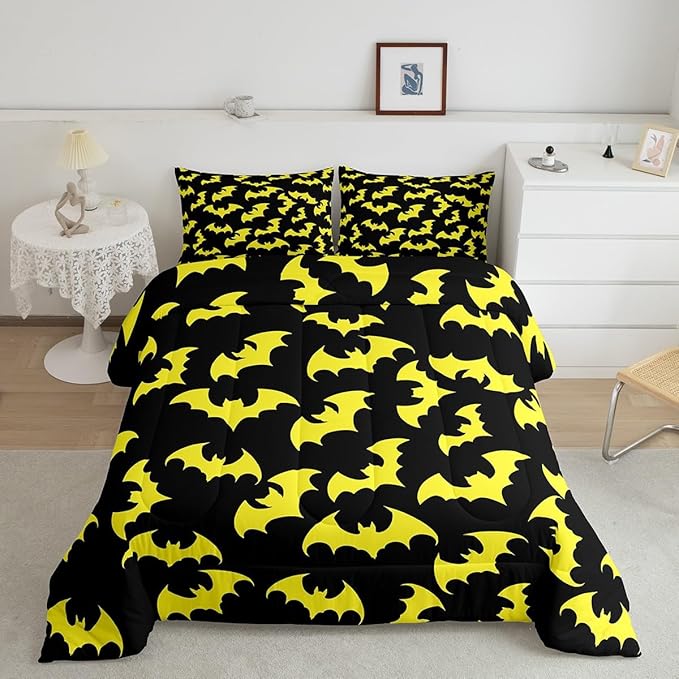 Erosebridal Yellow Bat Queen Comforter Set Halloween Bat Bedding Set Spooky Goth Gothic Animal Bed Set Horror Halloween Quilt Set for Kids Teens Adults