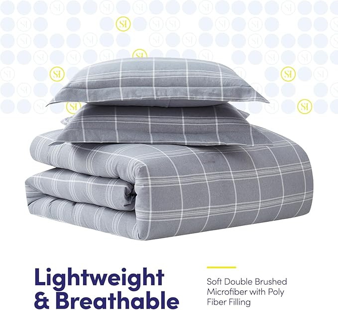 7 Piece Comforter Set Bag Solid Color All Season Soft Down Alternative Blanket & Luxurious Microfiber Bed Sheets, King, Gray Plaid