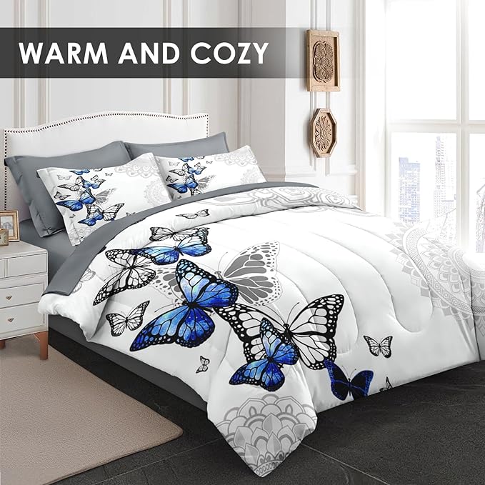 Comforter Set Twin Size, Summer Spring Blue Butterfly 5 Pcs Bedding for Kids and Adults, Abstract Mandala Floral Bed Sheet Sets with Fitted Sheet Pillowcase & Sham for Bedroom Bed Decor