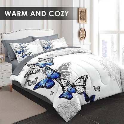 Comforter Set Twin Size, Summer Spring Blue Butterfly 5 Pcs Bedding for Kids and Adults, Abstract Mandala Floral Bed Sheet Sets with Fitted Sheet Pillowcase & Sham for Bedroom Bed Decor