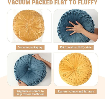 3 Pcs Round Throw Pillows Decorative Velvet Pleated Throw Pillows 15'' Diameter Accent Pumpkin Boho Chair Cushion for Couch Sofa Home Decoration (Yellow, Brown, Blue)