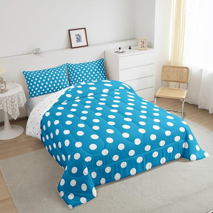 Manfei Polka Dots Comforter Set Full Size 3 Pcs,Modern Geometric Circles Abstract Simple Art Bedding Set,Cartoon French Style Dots Blue White Quilt Set for Teens Bedroom,2 Pillowcases