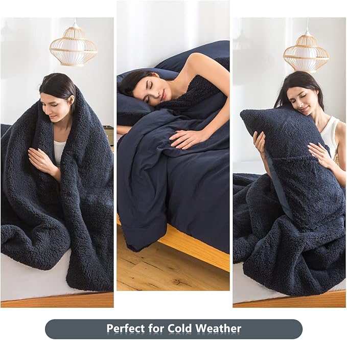 COTTEBED Warm Comforter Queen Size Sherpa Comforter Set Fuzzy Bedding Comforters Washable Cotton Fleece Down Alternative Lightweight Comforter and Pillow Shams(Dark Navy Blue,Full/Queen)