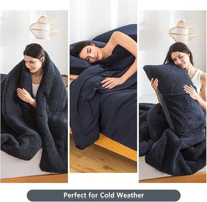 Warm Sherpa Comforter Set with Pillowshams Fleece Comforter King Size Lightweight Cozy Plush Washable Cotton Down Alternative Soft Comforter and Pillow Shams(Dark Navy Blue,King)