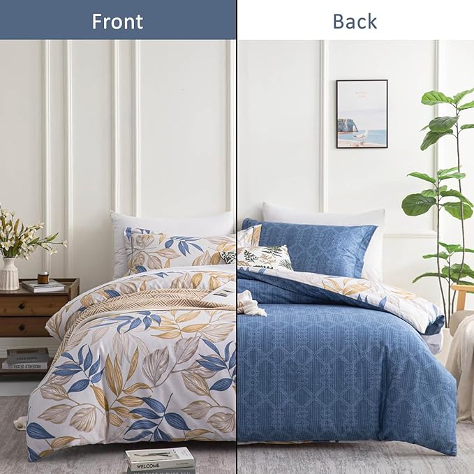 Blue Botanical Cotton Comforter Queen Size - 3PC Lightweight Bedding Sets with Ultra-Soft Alternative Fill, Reversible Design with Leaf Pattern, Dark Blue & White (1 Comforter, 2 Pillowshams)